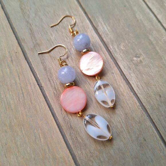 Mother of Pearl Aquamarine 18k Gold Dangle Earrings Boho Coquette Artsy Jewelry - Picture 1 of 9